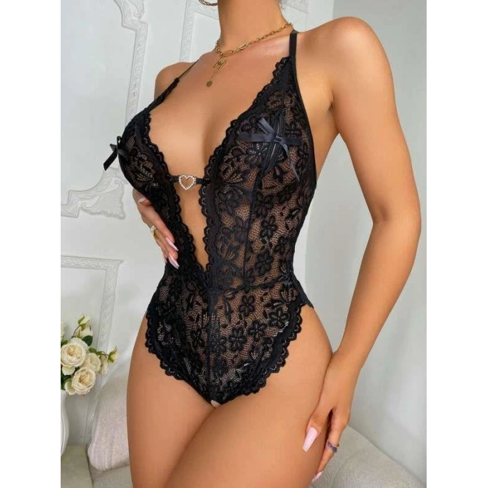 kapsulavm Metal Kalp Aksesuarlı Fantezi Dantelli Siyah Body