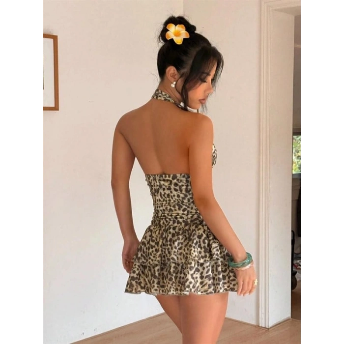 kapsulavm Özel Şık Tasarım Leopar Desenli Fırfırlı Mini Club Elbisesi