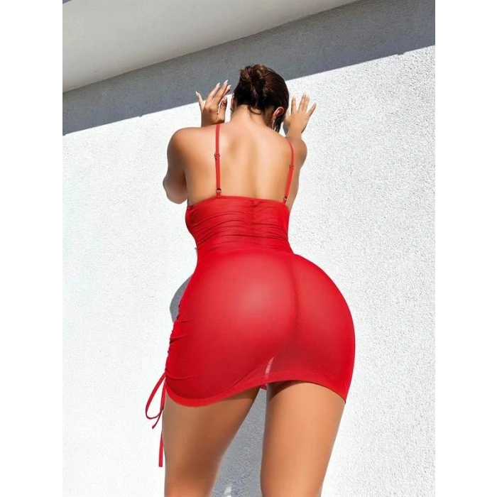 Arias Closet Şık Tasarım Kırmızı İp Bağlamalı Fantezi Gece Elbisesi