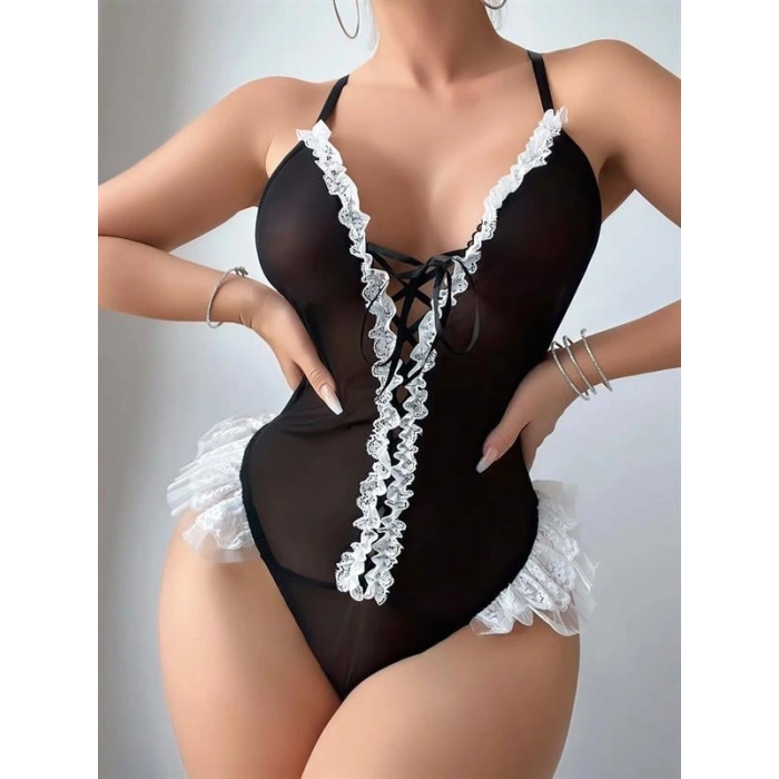kapsulavm Siyah Dantel İşlemeli Sırt Dekolteli Fantezi Body