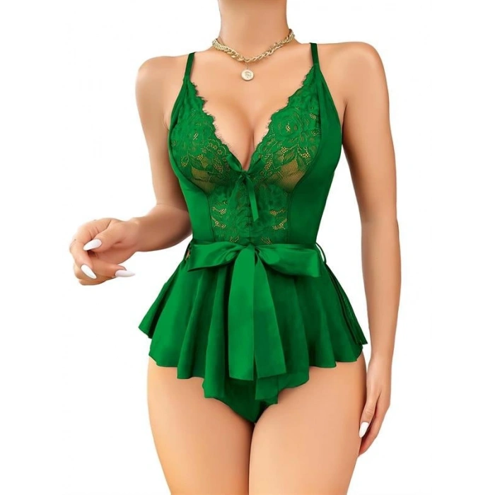kapsulavm Yeşil Dantel İşlemeli Kurdelalı Fantezi Tül Babydoll