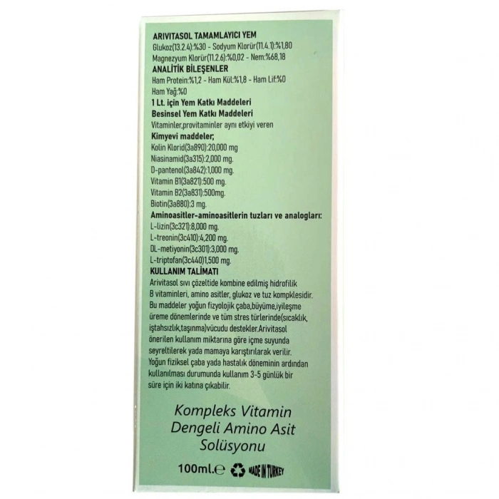 Arivitasol Evcil Hayvanlar İçin Kompleks Vitamin Ve Dengeli Aminoasit Solüsyonu 100 ml