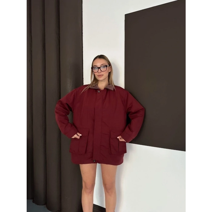 Astarlı yaka detaylı artos ceket bordo st2651019