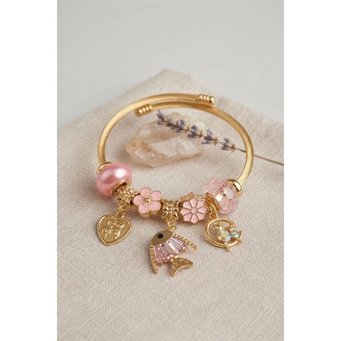 Balık Charmlı Pembe Renk Gold Bileklik