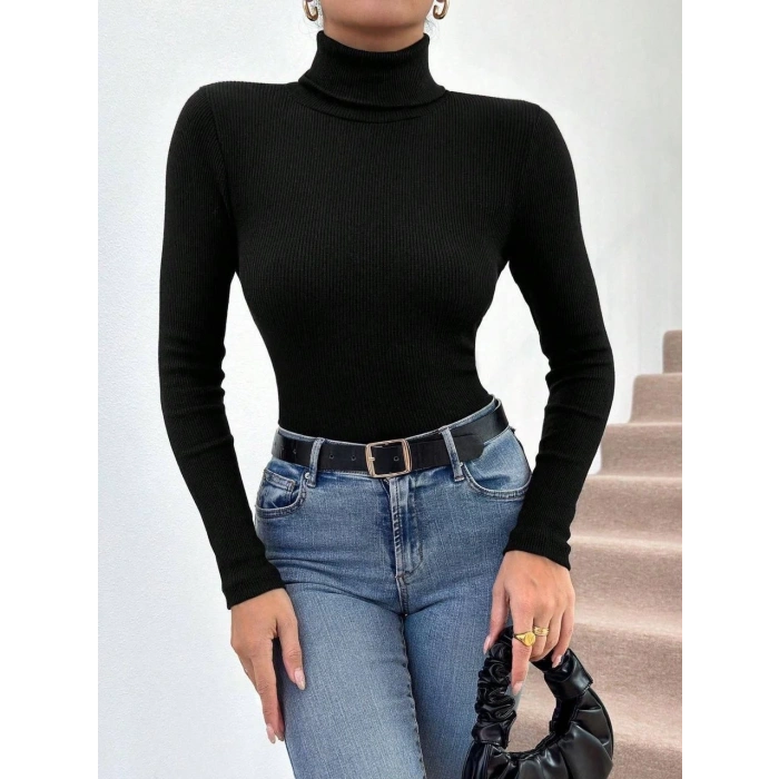 Balıkçı yaka dar kesim kaşkorse kazak siyah