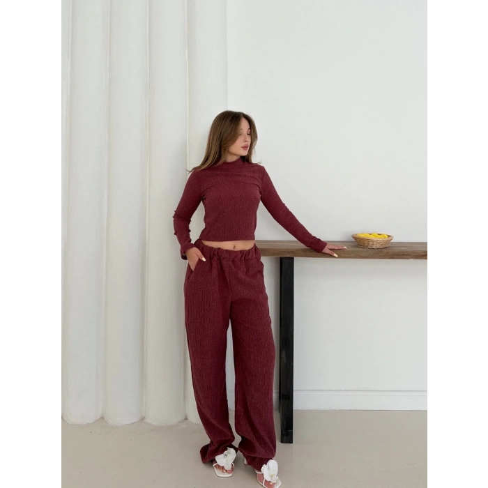 Balıkçı yaka örme takım bordo