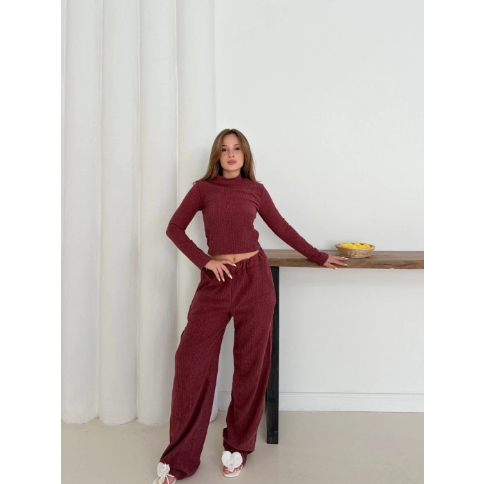 Balıkçı yaka örme takım bordo