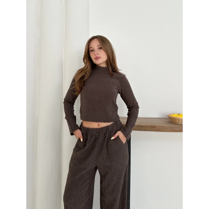 Balıkçı yaka örme takım kahve