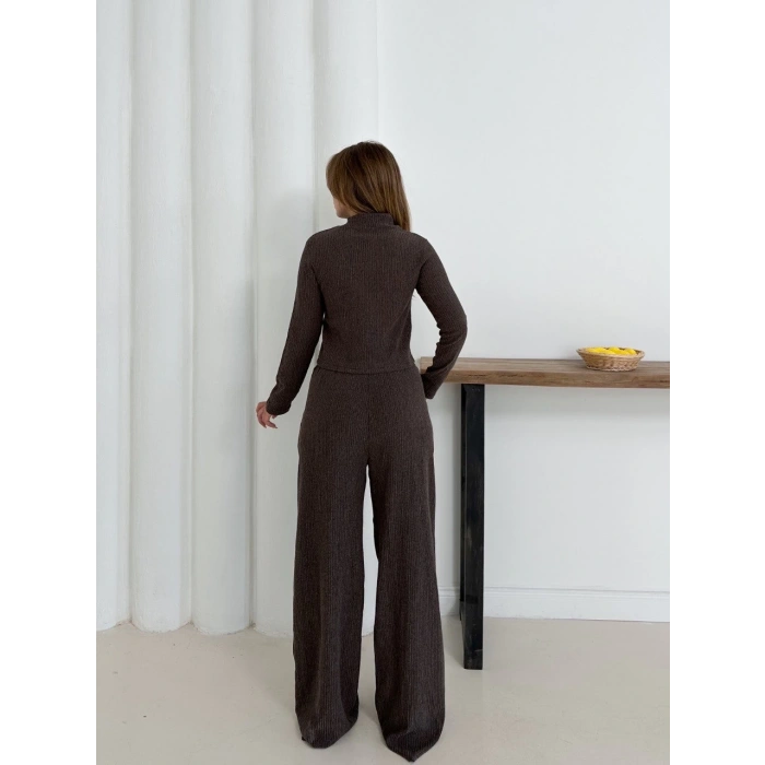 Balıkçı yaka örme takım kahve