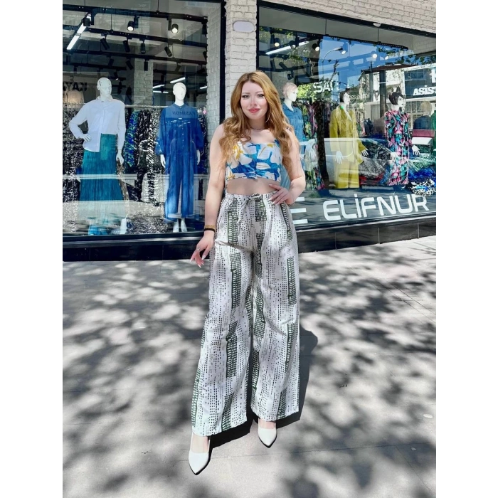 Baskılı Bağcıklı keten pantolon