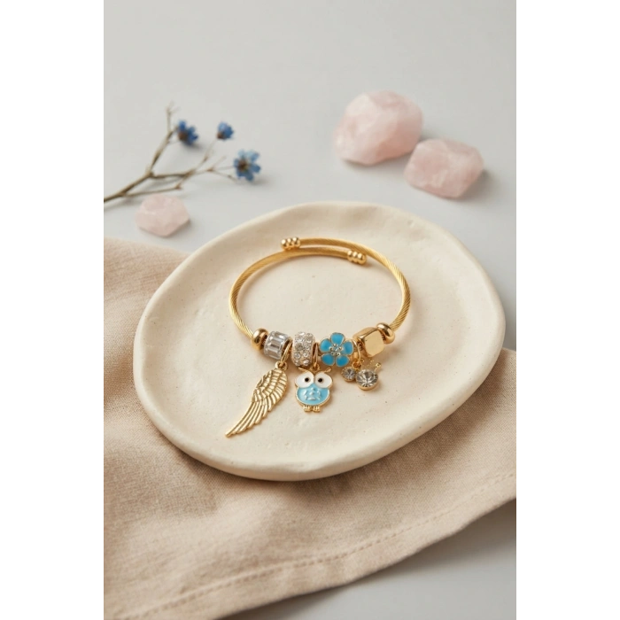 Baykuş Model Gold Renk Charmlı Bileklik