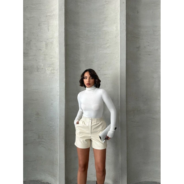 Beli lastikli çıtçıtlı deri şort  w241007