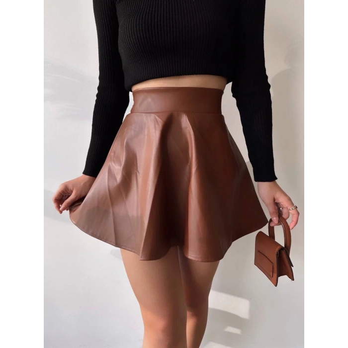 Beli lastikli deri etek kahve