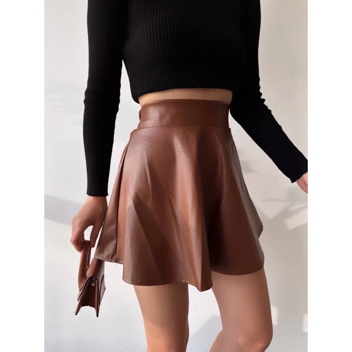 Beli lastikli deri etek kahve