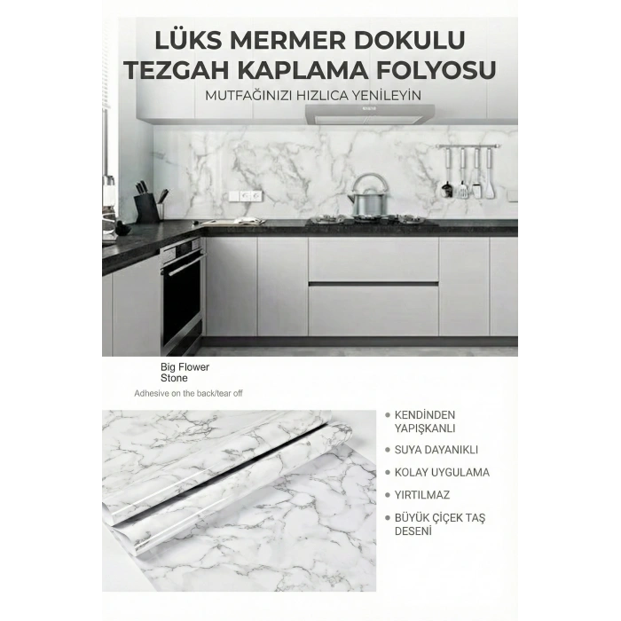 Beyaz Mermer Desenli Yapışkanlı Tezgah Folyosu (3 mt.x 60 cm)