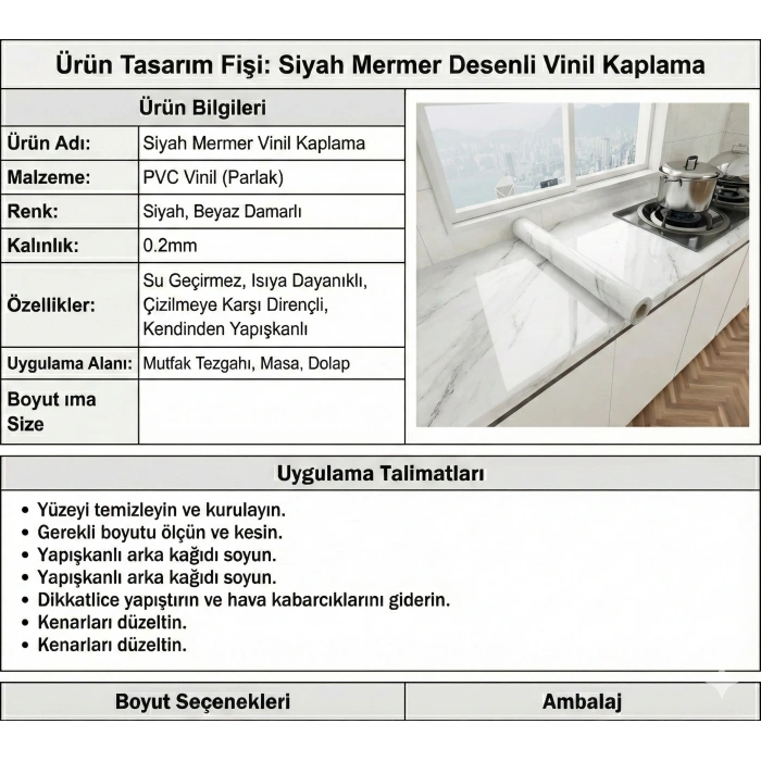 Beyaz Mermer Desenli Yapışkanlı Tezgah Folyosu (3 mt.x 60 cm)