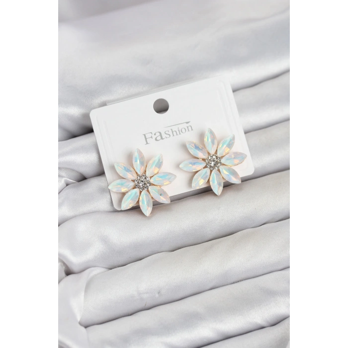 Beyaz Renk Kristal Taşlı Lotus Çiçek Model Kadın Küpe