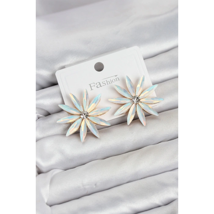 Beyaz Renk Kristal Taşlı Lotus Model Kadın Küpe