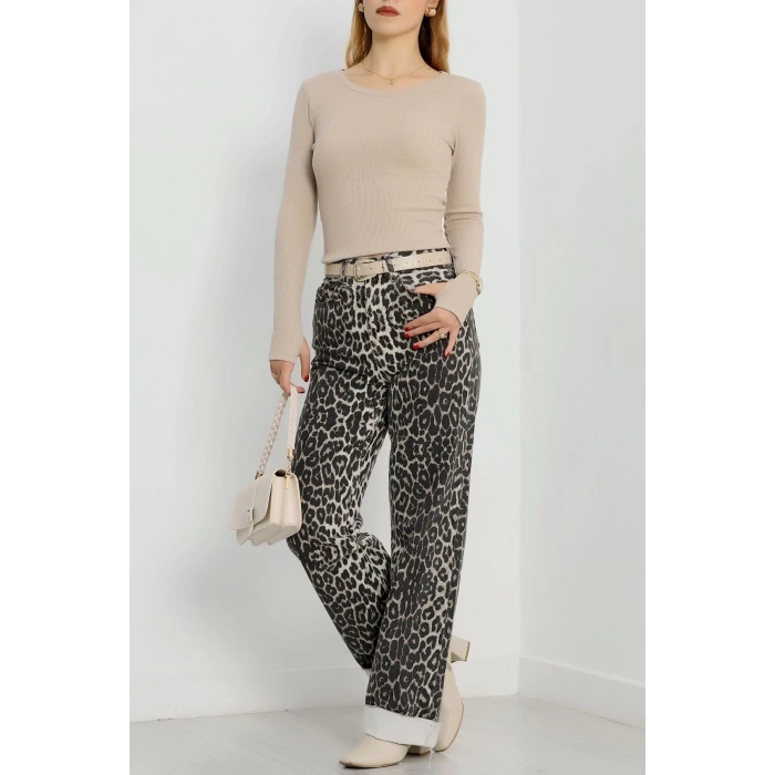 Bisiklet Yaka Parmak Geçmeli Kaşkorse bluz bej