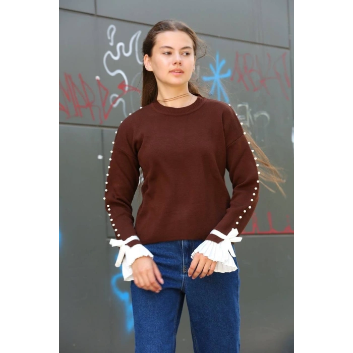 Boncuklu bile detaylı kazak kahve