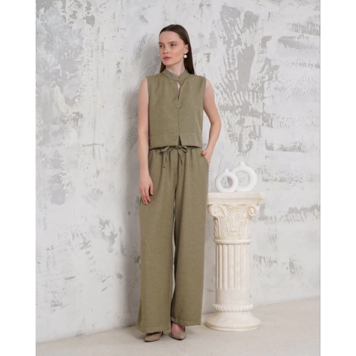 Broşlu yelek pantolon takım haki s255821