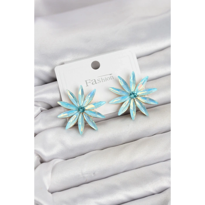 Buz Mavisi Kristal Taşlı Lotus Model Kadın Küpe
