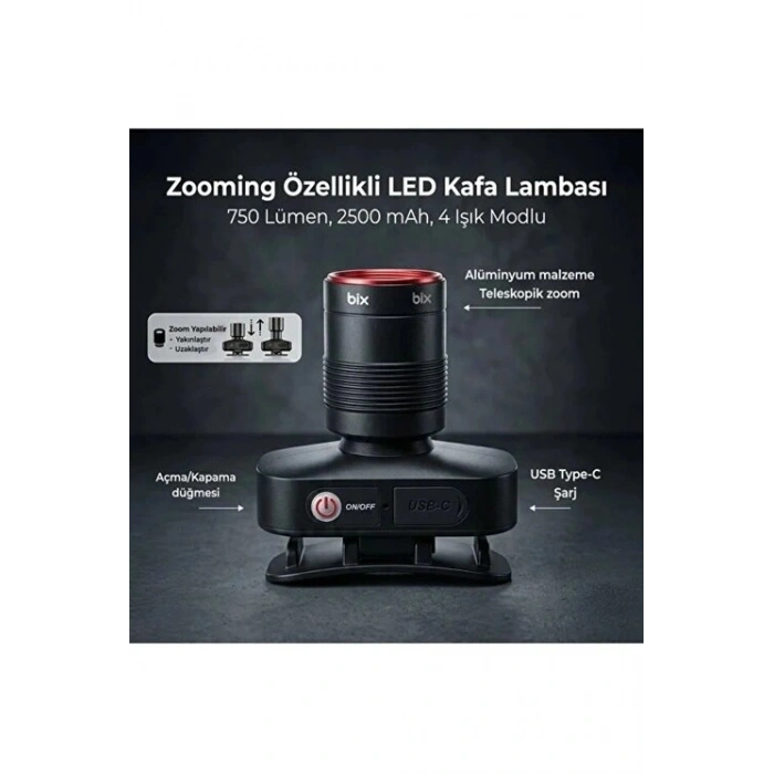 Bxt1fl 10w Şarj Edilebilir Kafa Feneri 750 Lümen 2500mah 4 Işık Modlu Zoom Özellikli Led Kafa