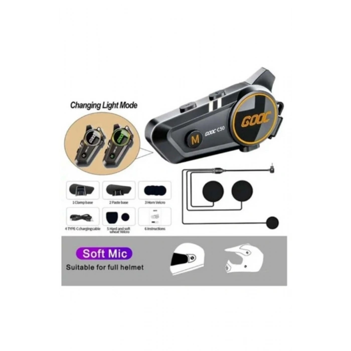 C50 Motosiklet Intercom Kask Kulaklık 1000 Mah Rgb Işıklı Bluetooth Kulaklık Ip67