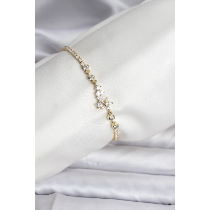 Çiçekli Model Zirkon Taşlı Gold Renk Su Yolu Kadın Bileklik