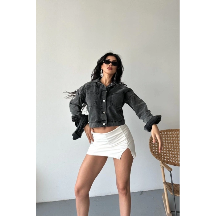 Çift cepli kol katlamalı süper taş enzim yı crop kot ceket füme