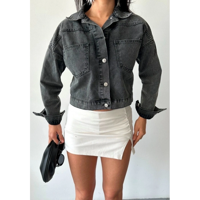 Çift cepli kol katlamalı süper taş enzim yı crop kot ceket füme