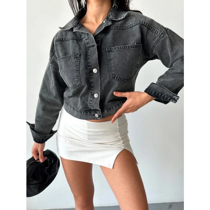 Çift cepli kol katlamalı süper taş enzim yı crop kot ceket füme