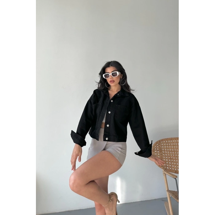 Çift cepli kol katlamalı süper taş enzim yılı crop kot ceket siyah