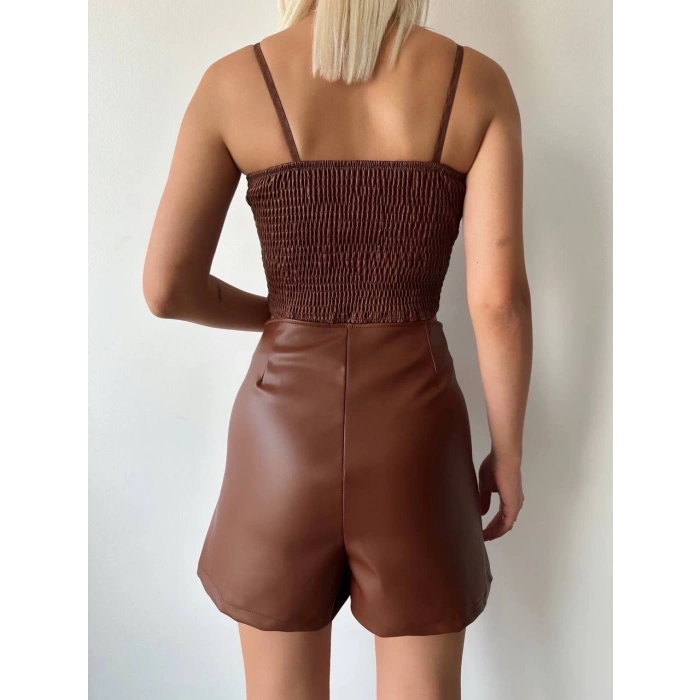 Çift fermuarlı deri şort kahve h24394