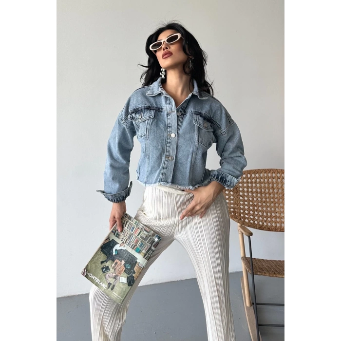 Çift kapaklı püsküllü crop buz mavi