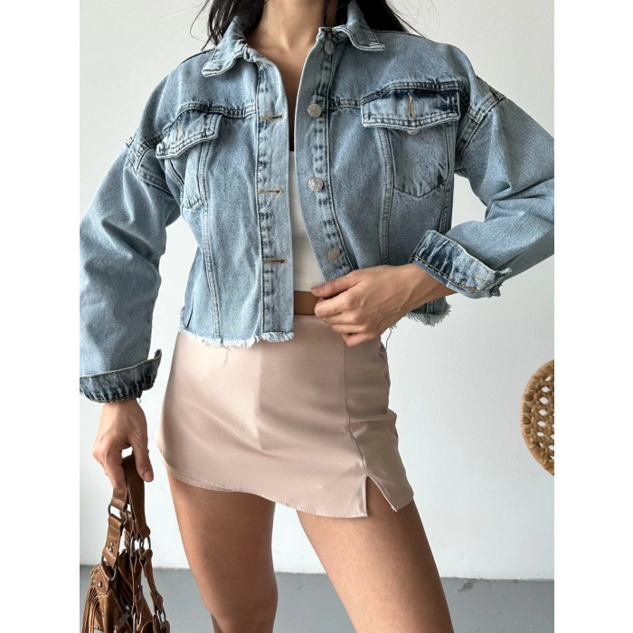 Çift kapaklı püsküllü crop buz mavi