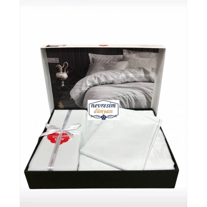 Çift Kişilik Jakarlı Saten Nev Takımı Leaf Buz Mavisi