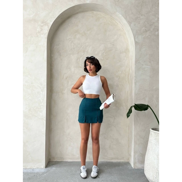 Çift yırtmaçlı atlas şort etek petrol yeşili s240364
