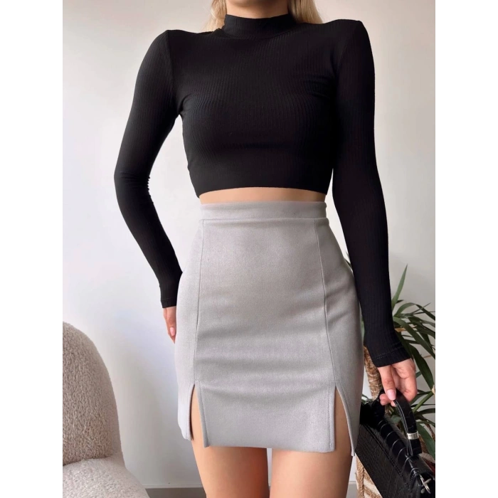 Çift yurtmaçlı süet etek gri