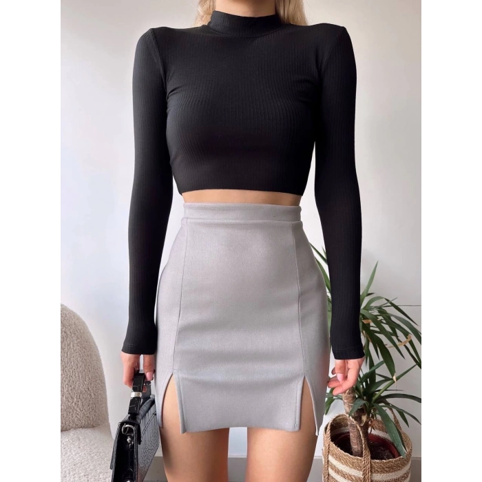 Çift yurtmaçlı süet etek gri