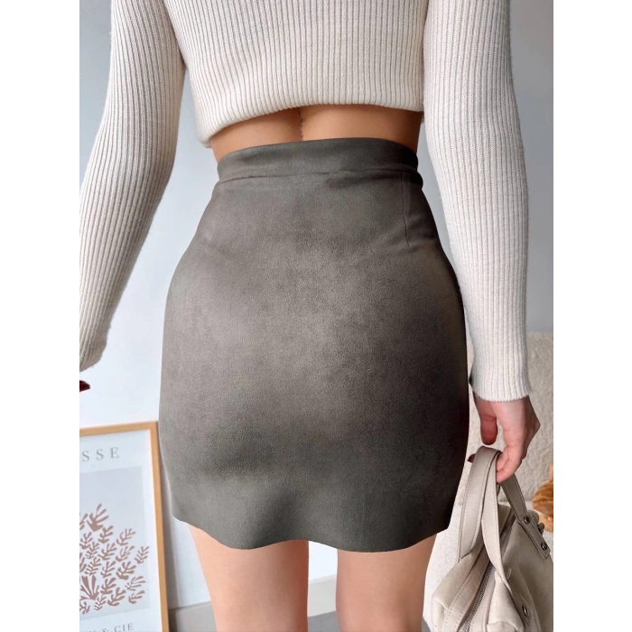 Çift yurtmaçlı süet etek haki