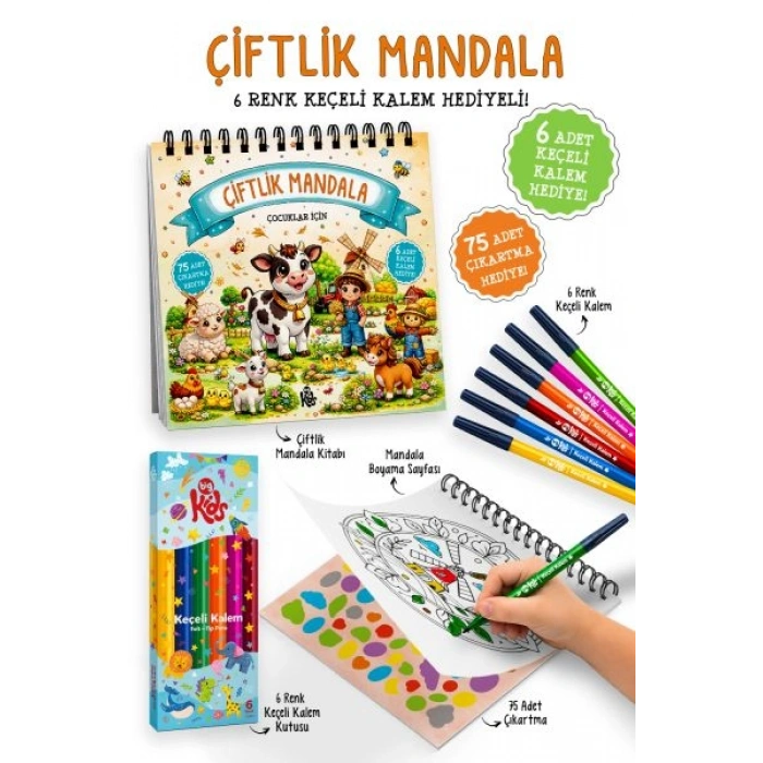 Çiftlik Mandala - 6 Renk Keçeli Kalem ve 75 Adet Çıkartma Hediyeli 3+