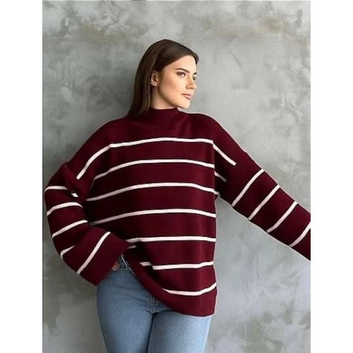 Çizgili ispanyol kol triko boğazlı kazak bordo elf