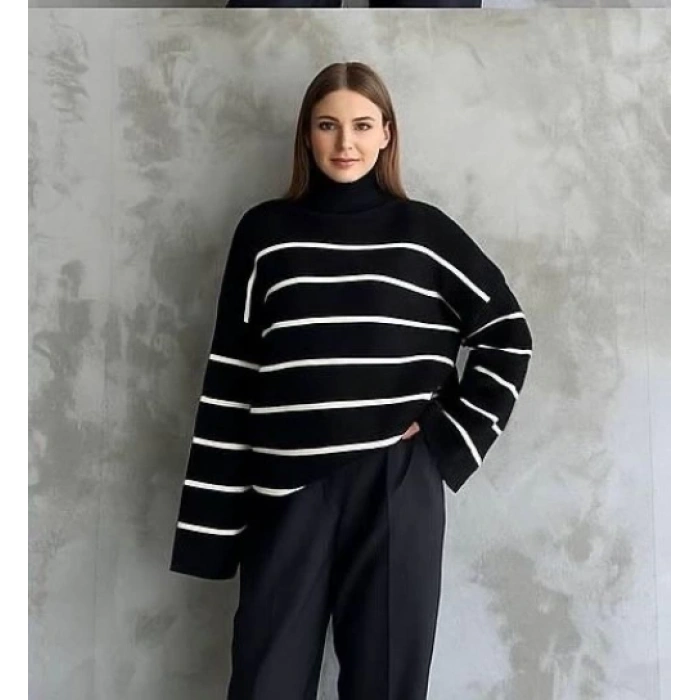 Çizgili ispanyol kol triko boğazlı kazak siyah elf