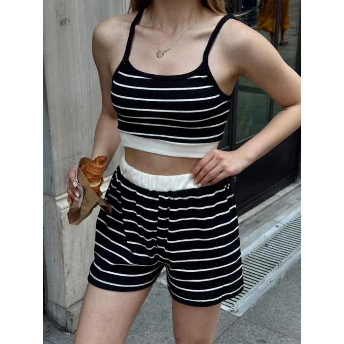 Çizgili şortlu takım siyah s3978