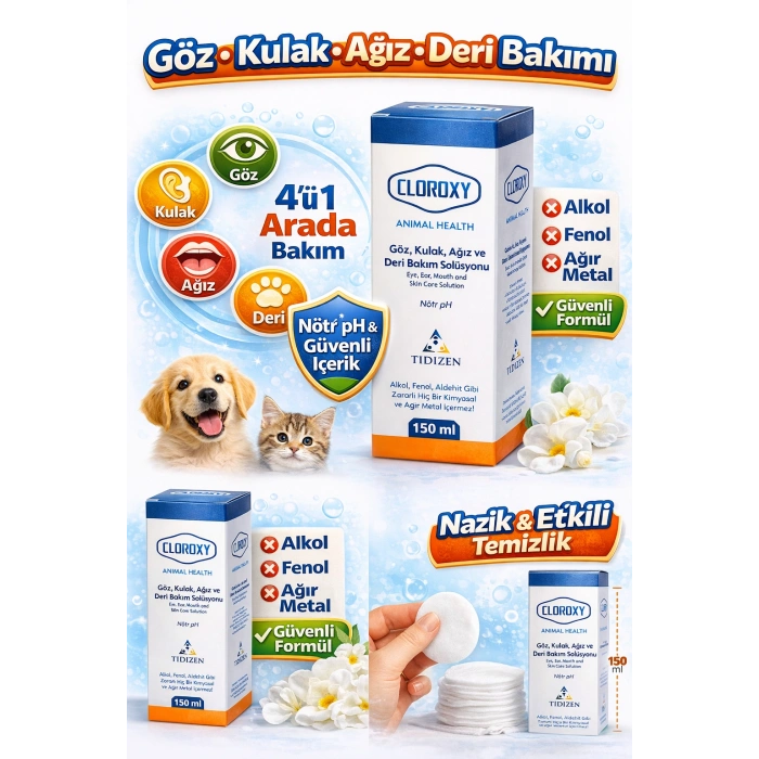 Cloroxy Kedi Köpek Göz Kulak Ağız ve Deri Bakım Solüsyonu 150 ml – Antiseptik Bakım Solüsyonu