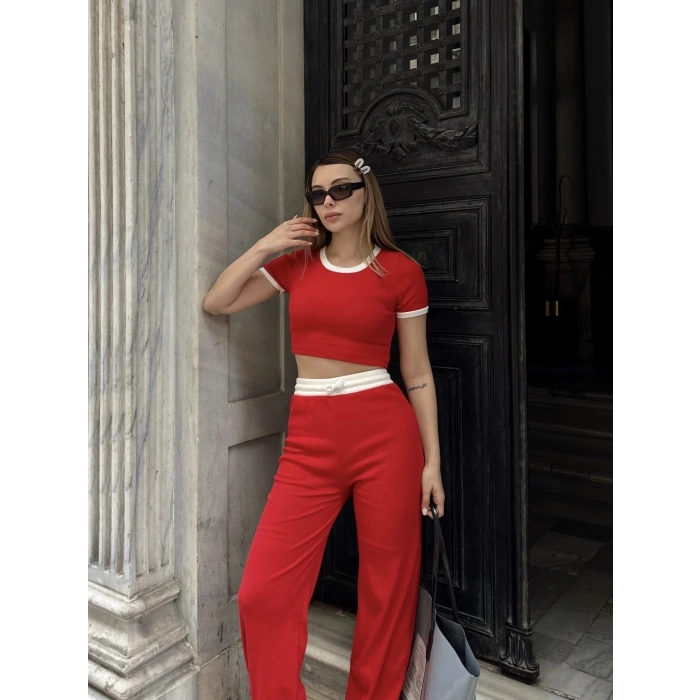 Crop pantolon biyeli takım kırmızı
