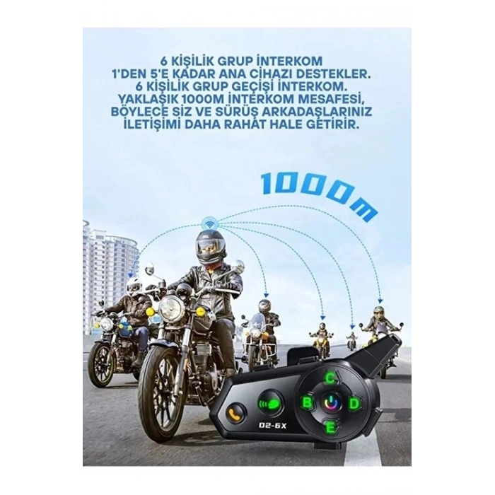 D2-6x 1000m Mesafeli 6 Kanallı İntercom Bluetoototosiklet Kask Kulaklığı İntercom Kulaklık