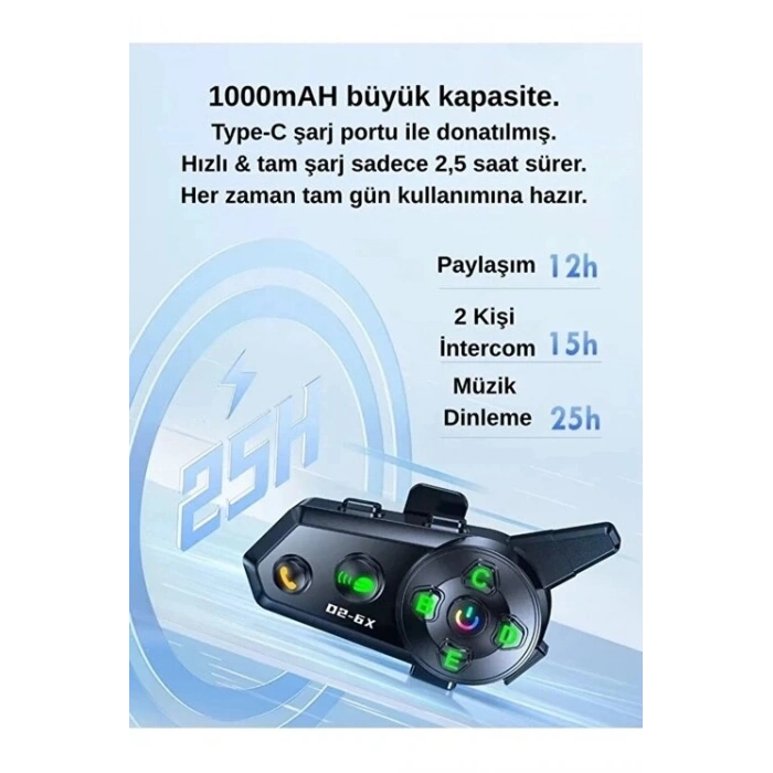 D2-6x 1000m Mesafeli 6 Kanallı İntercom Bluetoototosiklet Kask Kulaklığı İntercom Kulaklık