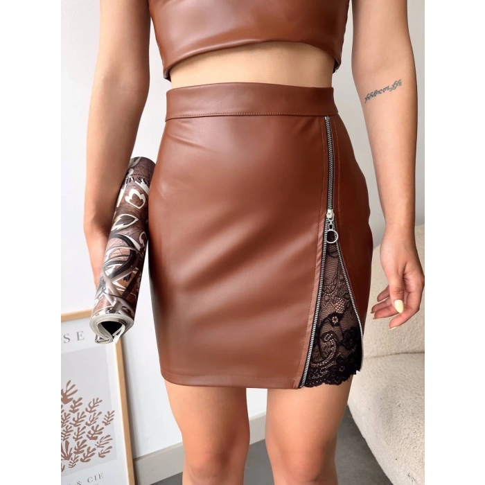 Dantelli fermuarlı deri etek kahve